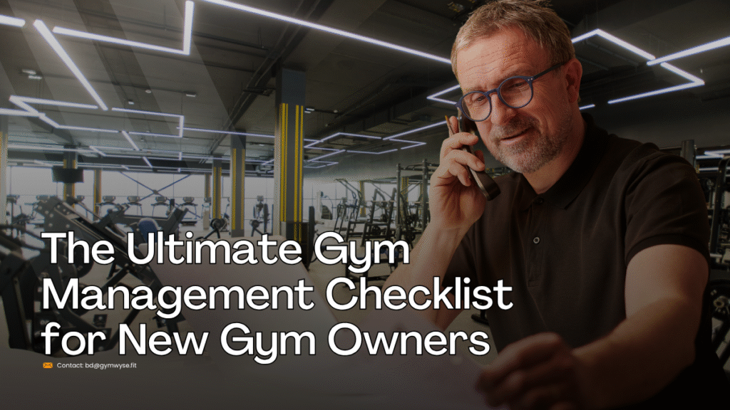 New gym owner reviewing gym management software checklist on tablet with fitness equipment in background